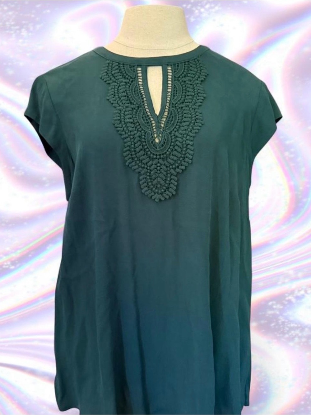 Daniel Rainn Dark Teal Crochet-Front Cap Sleeve Tunic
